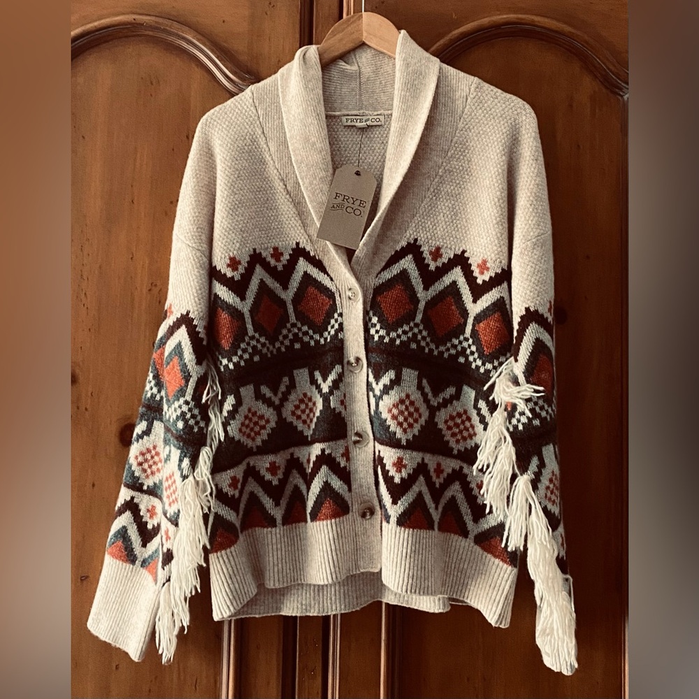 NWT Frye & Co Large Southwestern Cardigan Fringe Sleeve Sweater